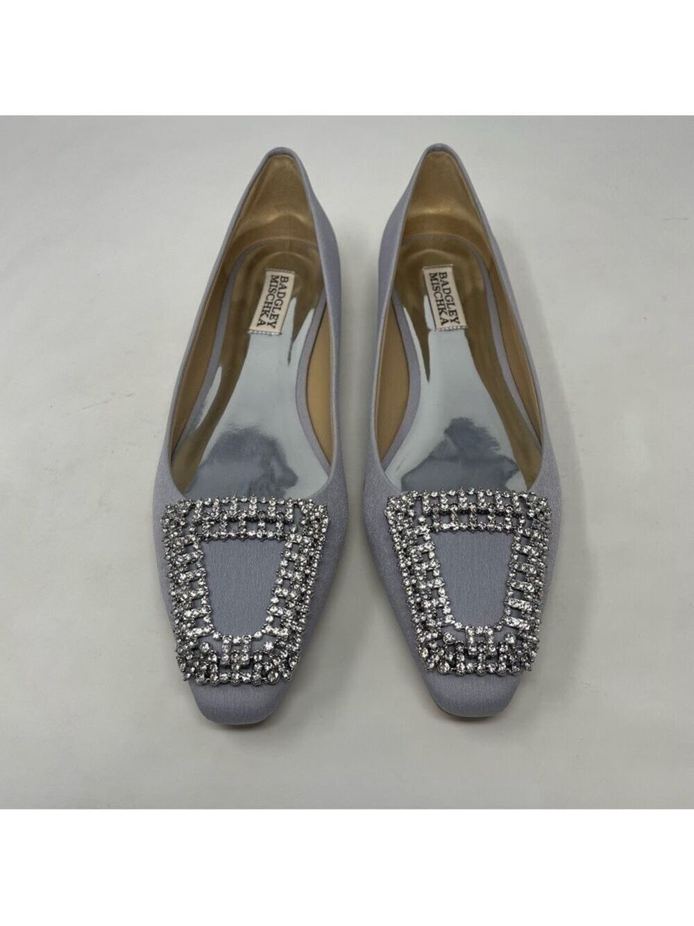 Badgley Mischka Emerie Embellished Crystal Buckle Satin Silver Slip on Flats NWT - Picture 4 of 13